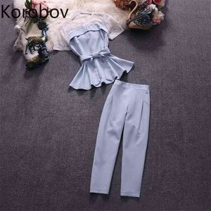 Korobov Elegante stile di lavoro Ol Temperamento 2 pezzi Donna Set O Collo Ruffles Patch Camicetta + Pantaloni dritti anca a vita alta Tuta 2b409 210430