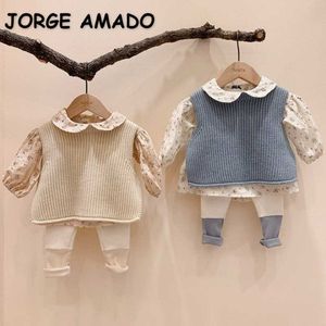 春の韓国風の子供女の子花のシャツ+ウールベストレギンスキャップ子供のファッション服E19 210610