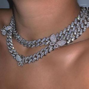 Shiny Crystal Butterfly Cuban Link Chain Necklaces Collar Punk Luxury Rhinestone Chunky Choker For Women Jewelry Gift Chains