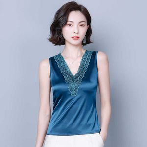 Sommar koreanska mode silke tank top kvinnor satin office lady lace solid plus storlek xxxl / 4x sjö blå kläder för 210531