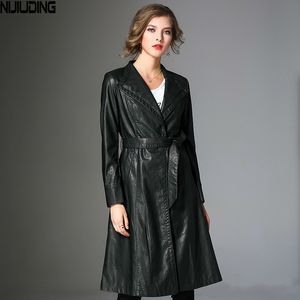 Długa Kurtka Trench Spring Women Loose Pas PU Leather Solid Winbreaker Płaszcz Slim 210514