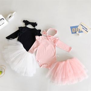 Outono crianças menina terno roupas infantil meninas manga longa cor pura macacão + tule saia faixa de cabelo conjuntos de roupas 210521