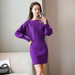 Kvinnors Stick Klänning Höst Vinter Slash Neck Sweater Koreansk Wild Pullover Slim Fit Waist Bottoming Warm ML617 210506