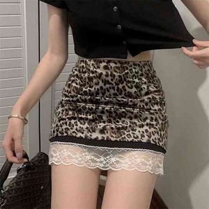 Frauen Vintage Leopard Print Patchwork Spitze Rand Sommer Mini Röcke Süße Dame Hohe Taille Rock Sexy Mädchen Kurze Chic 210621