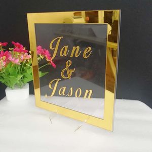 Party Decoration Custom Wedding Bride Groom Name Acrylic Mirror Frame Welcome Guests Word Sign Decor Favor Plate With Base, Any Language