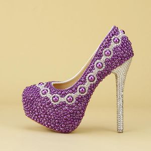 Dress Shoes High Heeled Purple Pearl Rhinestone Crystal Wedding Evening Adult Gift Water Platform Large