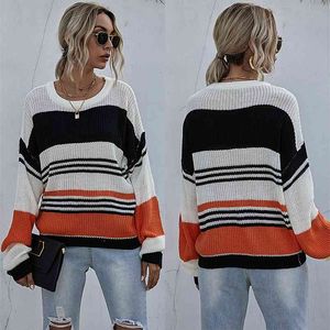 Stitching Striped Loose Ladies Sweater Pullover Autumn Winter Arrival Orange Jumpers Knit Sweaters Women Pull Femme 210517