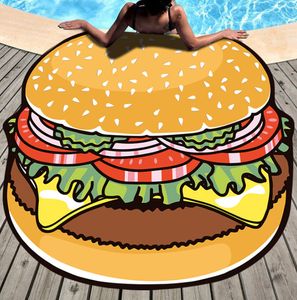 En son 150 cm yuvarlak baskılı plaj havlusu, hamburger pizza tarzı, mikrofiber, püsküller, yumuşak dokunuş, destek özel logo