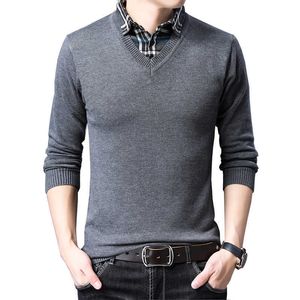 Browon Sweter Męskie Dzianiny Jesień Moda Slim S Fałszywy Dwuczęściowy Turn-Down Collar Collar Odzież Plus Rozmiar M-XXXL 210909