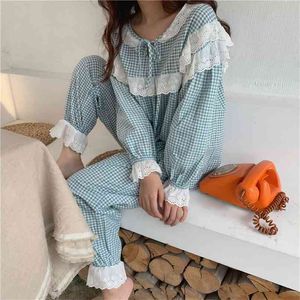 Kore Casual Gevşek Pijama Setleri Sonbahar Ekose Homewear Dantel Ruffles Tüm Maç Kıyafeti İki PieAce Suits 210525