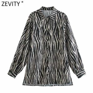 Zevity Women Animal Pattern Print Casual Smock Blouse Office Ladies Turn Down Collar Shirt Chic Retro Blusas Tops LS7504 210603