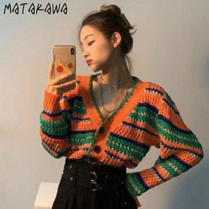 MATAKAWA Color-blocking Hollow Out Gestrickte Pullover Mantel Korea Chic Herbst Retro V-ausschnitt Frau Pullover Einreiher Strickjacke 210513