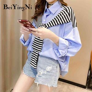 Striped Shawl SHIRTS Womens Lace-up Fake Two-Piece Långärmad Kvinnor Blusar Höst Vinter Mode Casual Toppar 210506