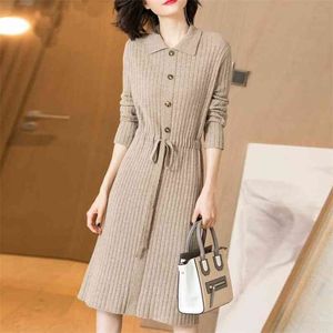 Autumn And Winter Elegant Small Lapel Knit Dress Female Long Section With A Waist Slimming Over The Knee Skirt 210427