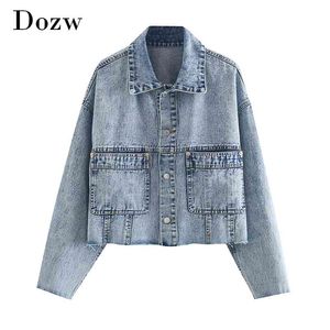 Fashion Blue Denim Jacket Women Loose Long Sleeve Pockets Single Breasted Coat Turn Down Collar Casual Short Jackets 210515