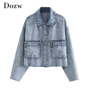 Moda Blue Denim Jacket Mulheres Solto de Manga Longa Bolsos Único Casaco Breasted Desativar Collar Casual Casacos Curtos 210515