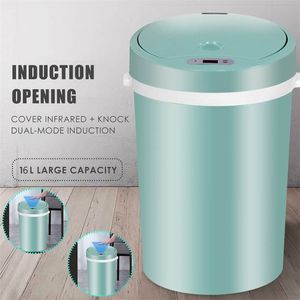 16L Automatisk Intelligent Sensor Smart Trash Can slösa bort bin Dammtunna Plasthushåll Torra och våta 210907