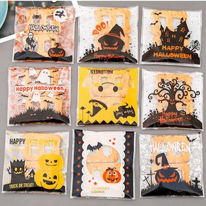 100st/Lot Happy Halloween Candy Bag Baking Cookie Wraps Pumpkin Witch Print Självhäftande plastkakor Snack Treat Packaging Bags genomskinlig present TR0093