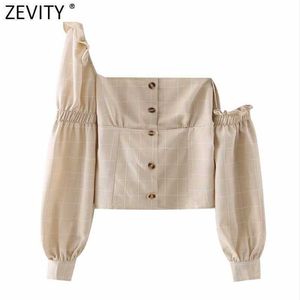 Zevity Women Vintage Asymmetrical Puff Sleeve Elastic Smock Blouse Lady Plaid Print Breasted Shirts Chic Blusas Tops LS7624 210603