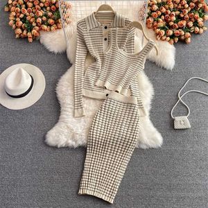 SINGREIN Women Autumn Winter Design Stripe Knitted Set Turndown-Collar Top+Sexy Off Shoulder Tank Top+Slim Skirt Three Piece Set 211108