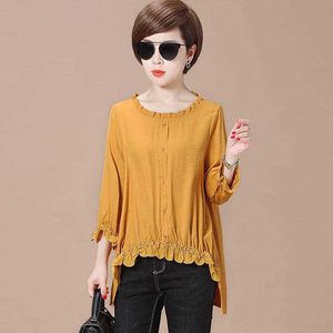 Women Spring Summer Style Blouses Shirts lady Casual Asymmetry O-Neck Long Yellow Navy Blusas Tops DF4022 210609