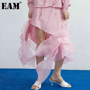 [EAM] High Elastic Waist Pink Ruffle Irregular Print Spliced Half-body Skirt Women Fashion Spring Summer 1DD7422 210512