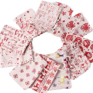 10 * 14 cm Baumwoll-Weihnachtstaschen-Geschenktüten mit Kordelzug, bedruckte Geschenke, Verpackungsbeutel mit Goldfolie, Süßigkeiten- und Spielzeugsäcke, Aufbewahrungsbeutel
