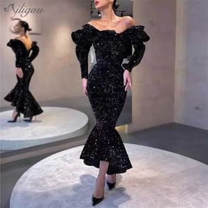 Uzun Arap Elbise toptan satış-Mermaid Uzun Seksi Straplez Kollu Siyah Payetli Arap Stil Dubai Kadınlar Örgün Ünlü Parti Elbise