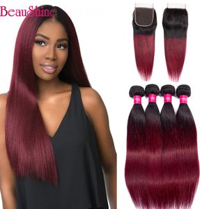 Ombre 1b 99j Brazilian Straight Hair Bundles With Lace Closure 1b Burgundy Lace Closure With Human Hair Extensions