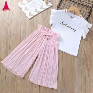 Summer Girls Clothing Sets Kids T-shirt +Wide Leg Pants Suits Children Short Sleeve Baby Girl Clothes 5 6 7 8 9 10 12 Years 210326