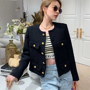 Small Fragrance Women Black T Outerwear Autumn Winter Golden Button Blends Wool Female Long Sleeve Jacket Coat 211029