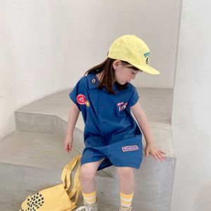 여름 소년 소녀 만화 데님 짧은 소매 jumpsuits 한국어 스타일 어린이 느슨한 캐주얼 bodysuits 210615