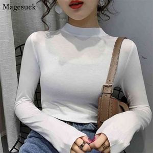 Outono manga comprida mulher sólida camisetas estilo coreano o-pescoço pulôver mulheres fino camisa branca blusas mujer 11257 210512