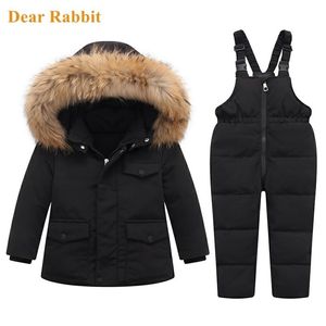 Parka real pele com capuz menino bebê macacão inverno beber jaqueta morna crianças casaco criança snowsuit neve criança menina roupas vestuário conjunto 210902