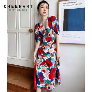 Puff Sleeve Red Long Dress Somen V Neck Short Floral Print Midi Ladies Vacation Outfits Summer Beach 210427