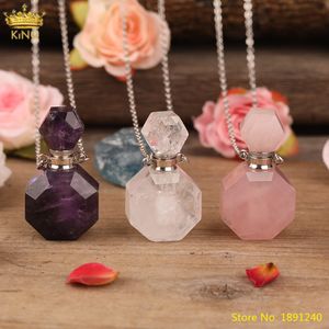 Faceted Natural Amethysts Pink Perfume Bottle Essential Oil Pendant Women Quartz Stone Vials Gold Chains Necklace Jewelry
