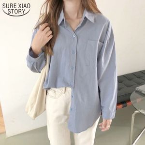 Spring White Shirt Women Loose Long Sleeve Blouse Pocket Turn Down Collar Casual Ladies Cotton and Linen Tops 12807 210508