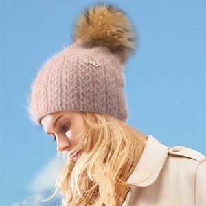 Xthree Winter Knitted Hat With Lining Angola Beanies Real Pom Poms Skullies for Women Girls Feminino 211229