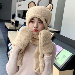 Warm Adult Bear Cute Autumn Winter Plush Hat Scarf Gloves One Three Piece Set Girl Fashion Coral Velvet