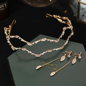 Ohrringe Halskette Einfache Mode Brautschmuck Sets Goldfarbe Strass Simulierte Perlen Stirnbänder Mit Anhänger Ohrring Haar Pony Halten