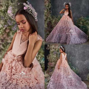 Luxury Pink Ombre Flower Girl Dresses For Wedding Layered Tulle Beaded Ruffles Kids Ball Kappa 2022 Pagant Klänningar