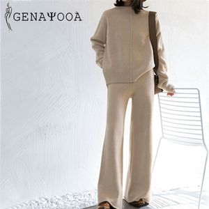 Genayooa Tuta invernale 2 pezzi Pantalone per donna Maglia manica lunga Due pezzi Top e pantaloni Tuta da donna Outwear coreano 210727