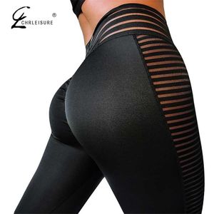 Leggings ad alta vita in stile stampa stampe moda femminile allenamento a cuore gambo mesh e pelle PU 211204