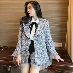 Women's Fall Winter Coats Ruffled Trumpet Flare Sleeve Temperament Tweed Double-Breasted Jackets Female Tops HK022 210507