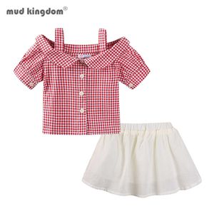 Mudkingdom verão menina roupa xadrez fria ombro blusa e saia de linho para meninas roupas elegantes crianças roupas 210615