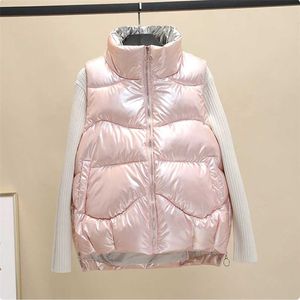여성을위한 핑크 자켓 겨울 따뜻한 패딩 된 복어 Gilet 조끼 민소매 파카 재킷 화이트 오리 다운 코트 가을 211120