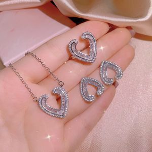Charming Fashion Design Jewelry Set White Gold Plated Bling CZ Heart Earrings Necklace Ring Set for Girls Women Nice Gift