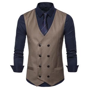 Coletes masculinos CSBC-9706 Primavera e Outono Europeu American-Style Color Sólido Casual V-Neck Dupla-Breasted Suit Colete