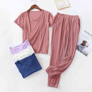 Plus storlek svart grå rosa homewear för kvinnor modal bomull pyjamas set mode ruffles tunna sommar damer sleepwear pajama femme 210901