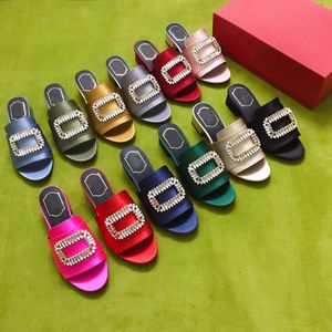 Crystal diamond buckle sandals fashionable and comfortable silk upper flat heel slippers